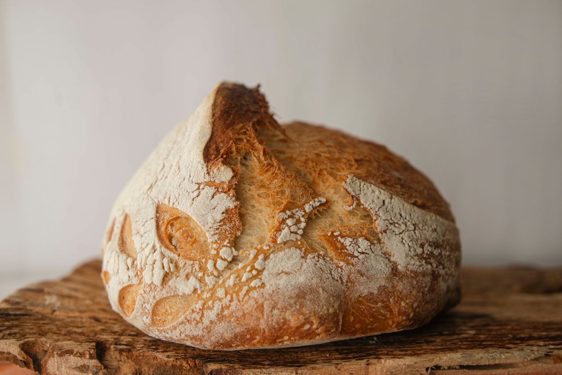 A glass jar of bubbling sourdough starter on a kitchen counter